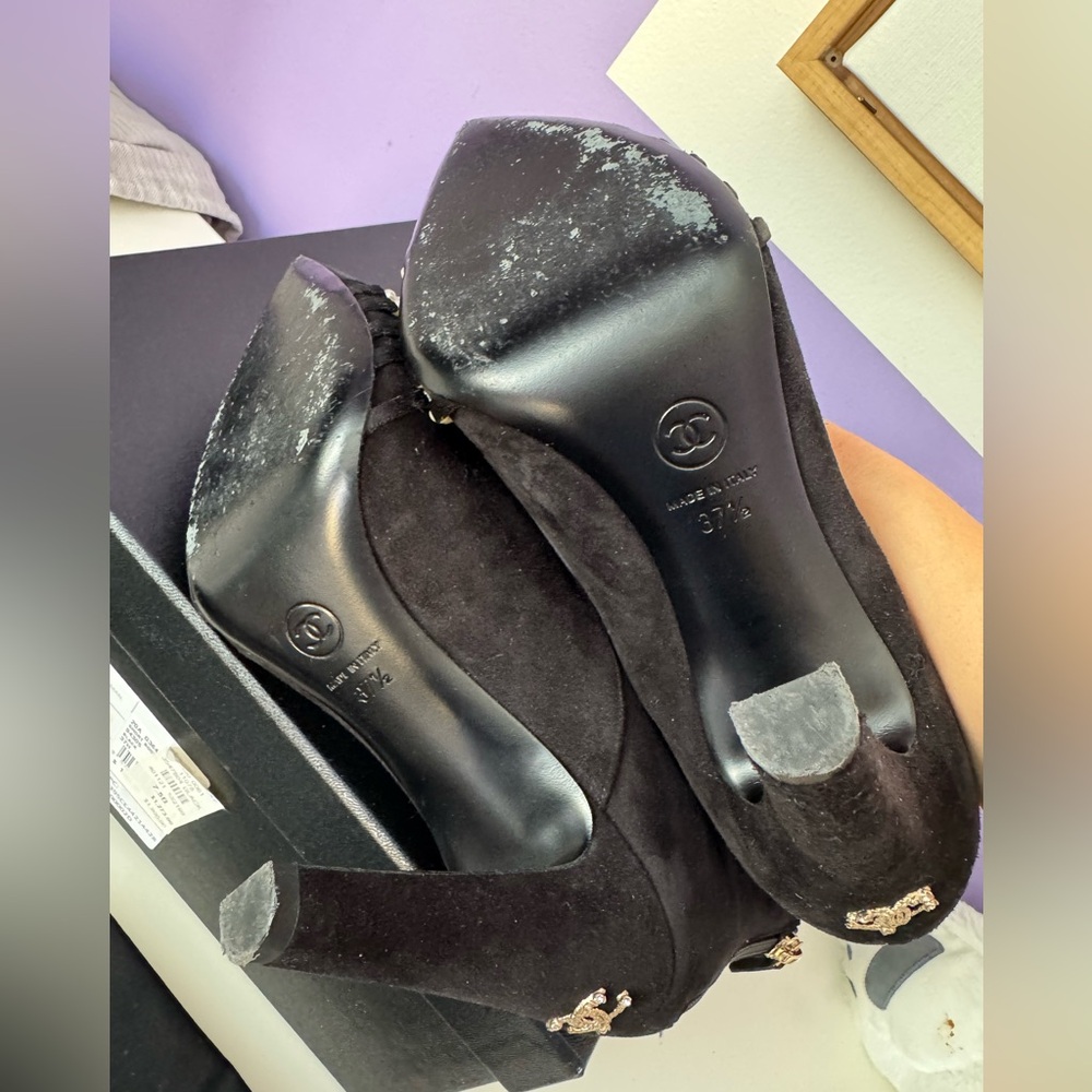 Chanel Black Pearl-Embellished Suede Ankle Boots - Women with golden CC heels - Picture 13 of 16